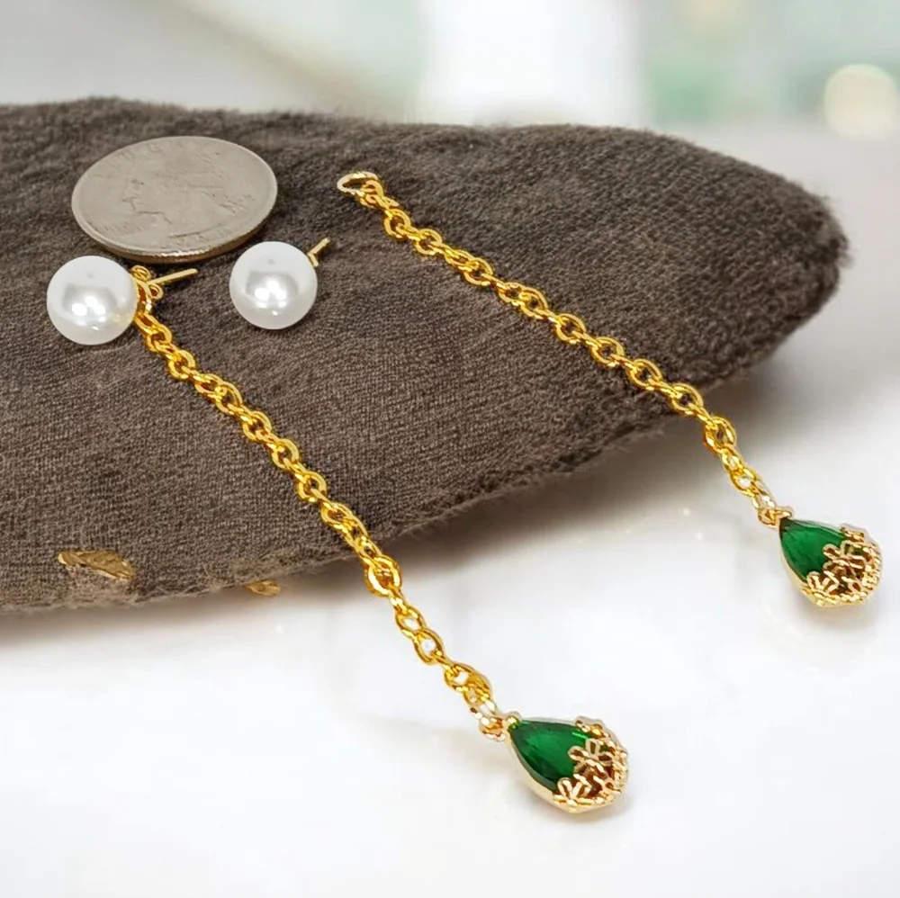 Gold Pearl Stud Earrings Linear Drop Emerald Tear Drop Charms Shoulder Dusters